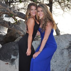 black maxi dress with scoop neck and open back